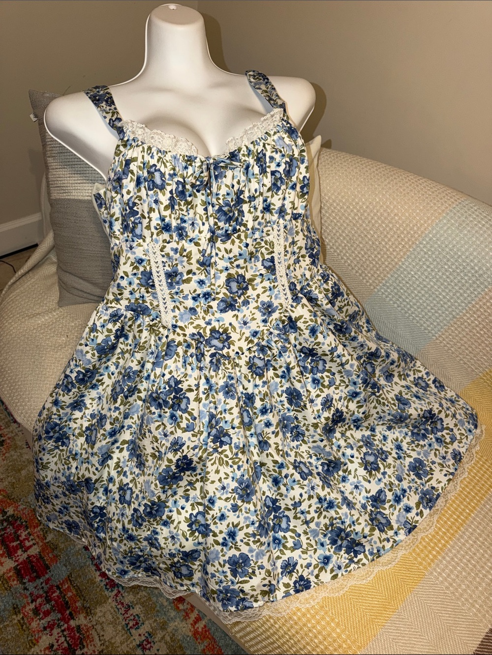 Wild Fable Blue Floral Lace-Trim Mini Dress